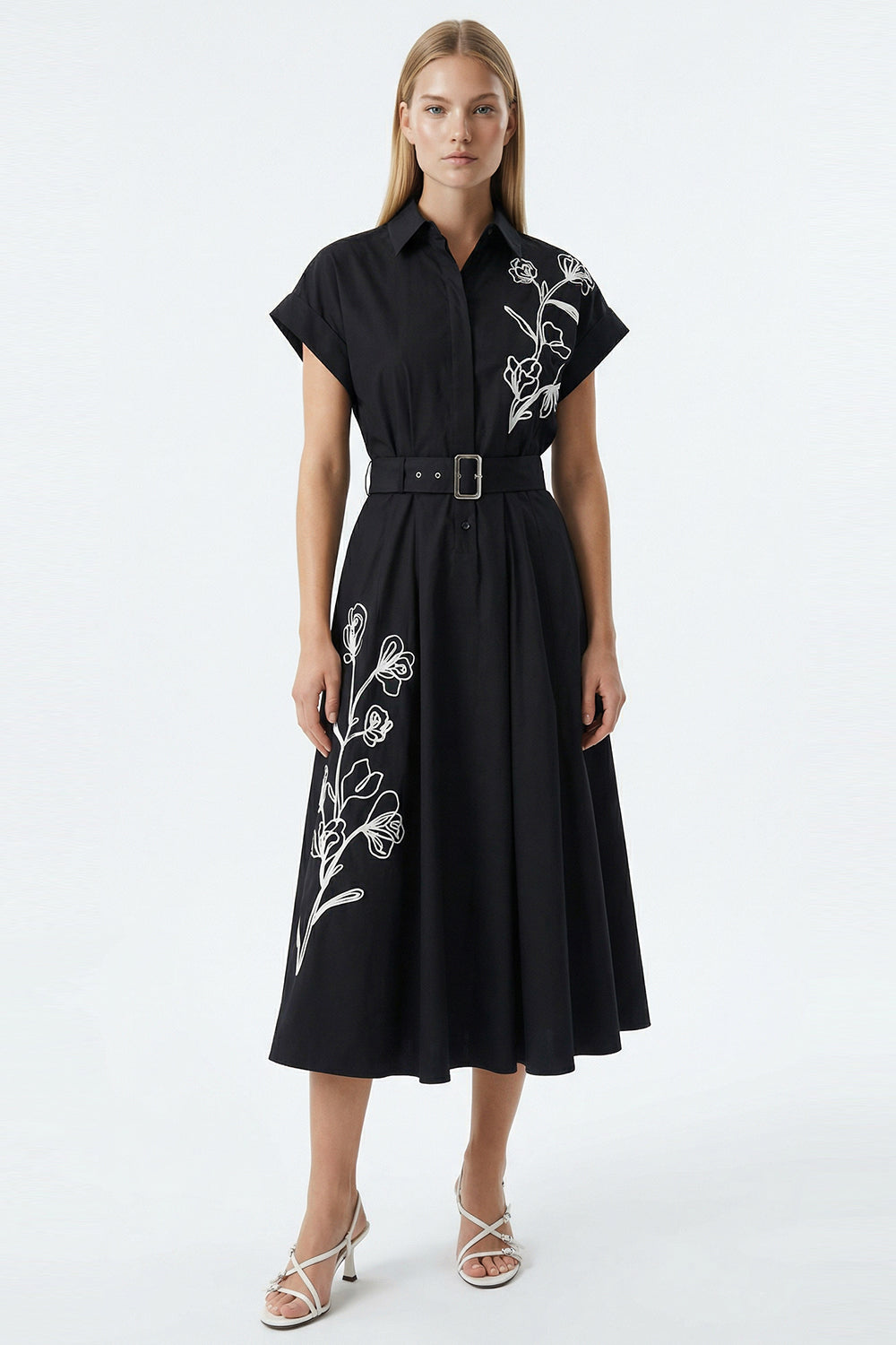 İşleme Detaylı Kloş Midi Gömlek Siyah Elbise