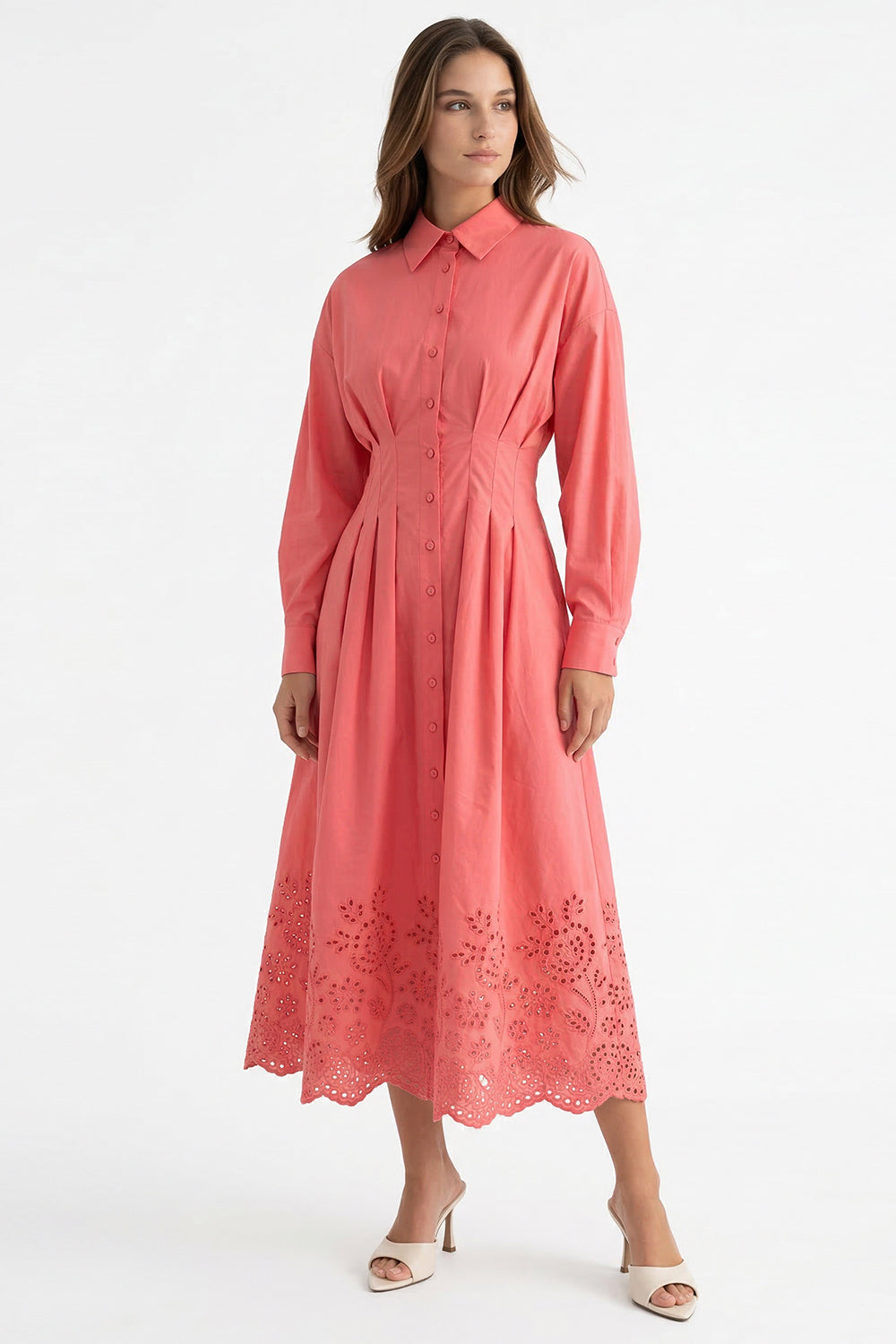 Bele Oturan Brodeli Regular Midi Gömlek Yaka Pembe Elbise