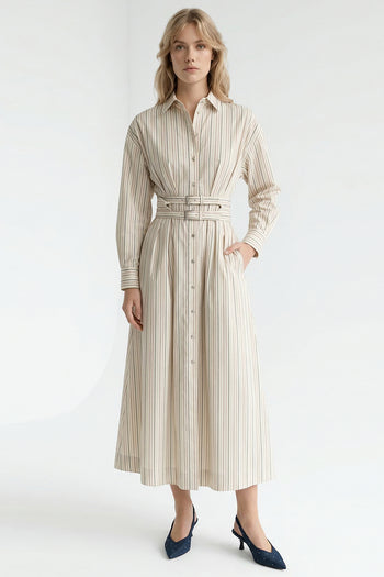 Uzun Kollu Kemerli Regular Midi Gömlek Bej Elbise