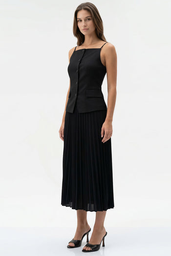 Kolsuz Pliseli Keten Garnili Regular Midi Siyah Elbise