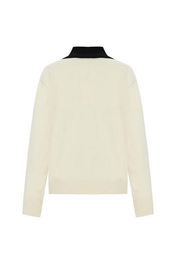 Yakası Düğme Detaylı Ekru Uzun Kollu Triko Kazak