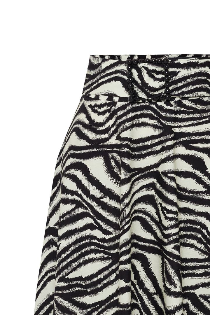 Tokalı Kemer Detaylı Zebra Desenli A Kesim Pamuklu Midi Etek