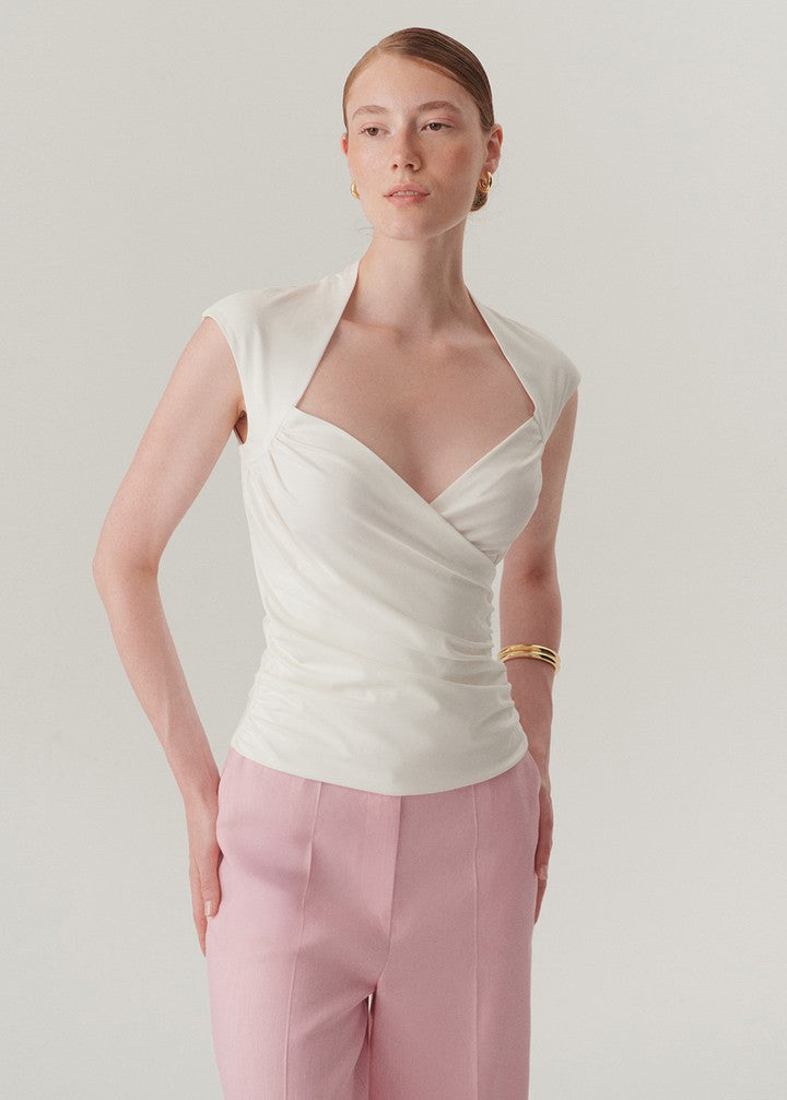 Kruvaze Yaka Slim Fit Beyaz Bluz