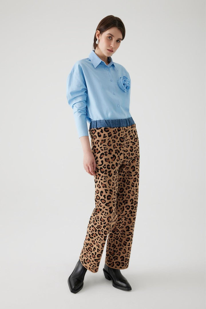 Yüksek Bel Leopar Desenli Beli Lastikli Denim Garnili Regular Triko Pantolon