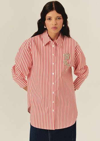 Taş İşleme Detaylı Lacivert Beyaz Oversize Çizgili Poplin Gömlek