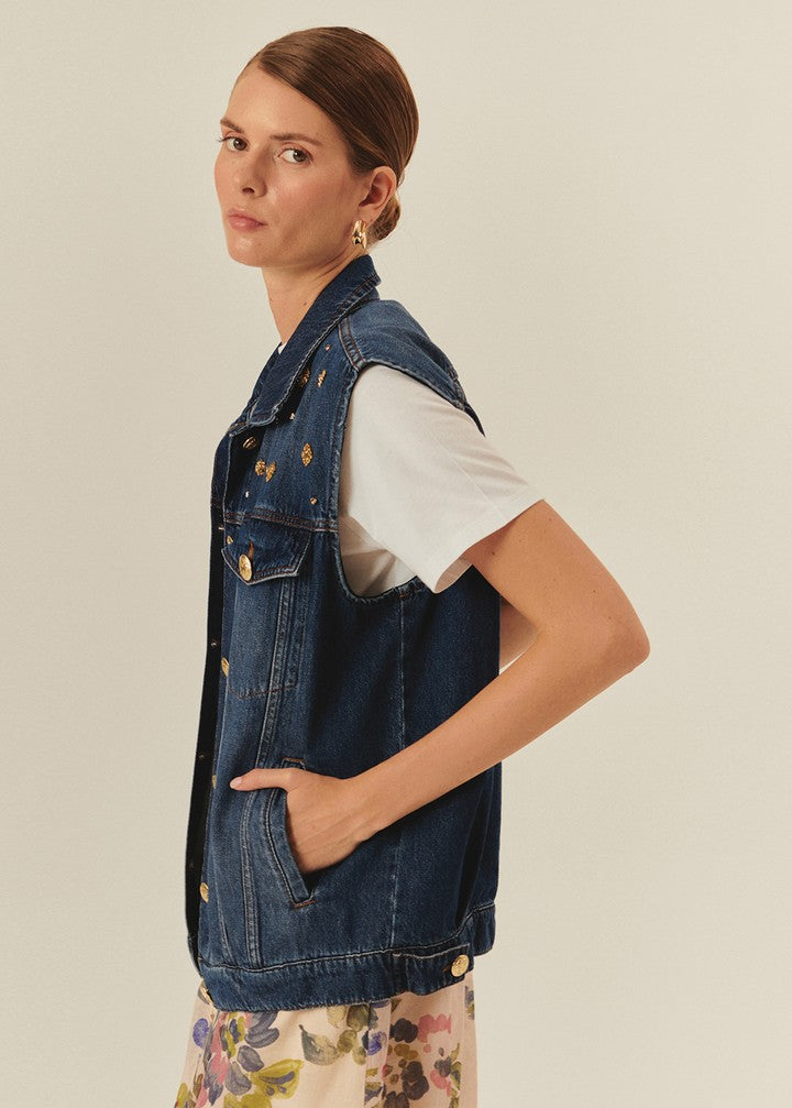 Taş Detaylı Pamuk İndigo Denim Yelek