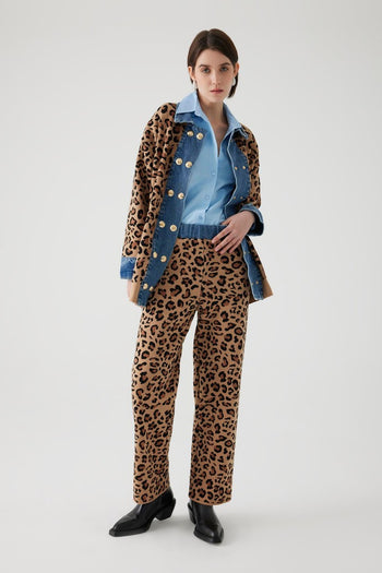 Leopar Desen Denim Garnili Oversize Hırka