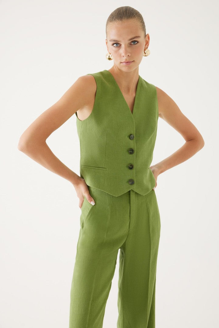 Düğme Detaylı Slim Fit Haki Yelek
