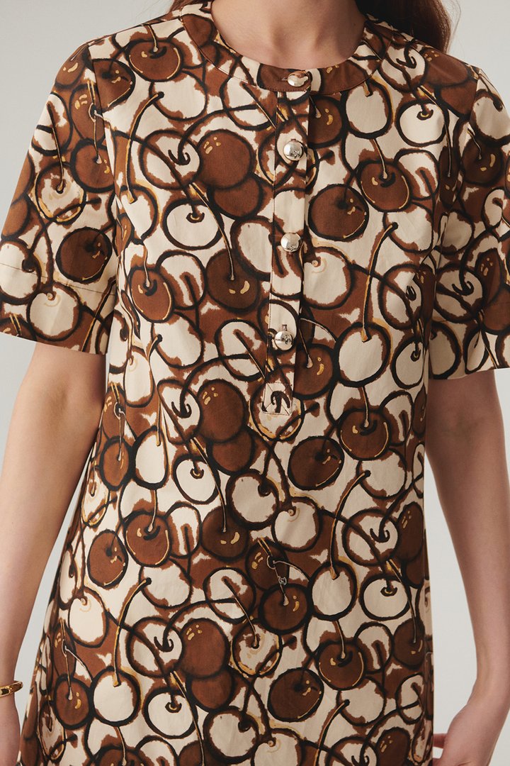 Düğmeli Bisiklet Yakalı Kısa Kol Desenli Mini Çok Renkli Elbise