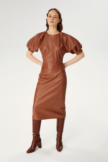 Balon Kol Midi Suni Deri Elbise