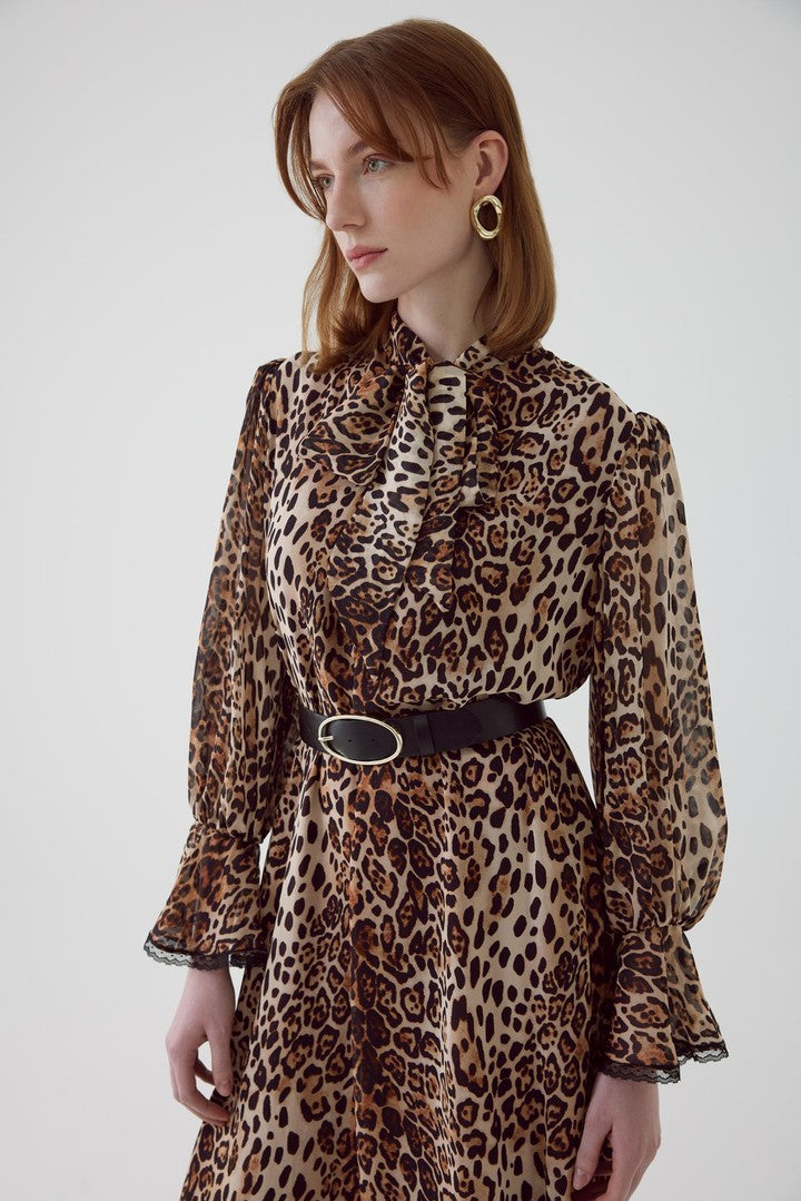 Leopar Desenli Cepli Rahat Kesim Midi Elbise