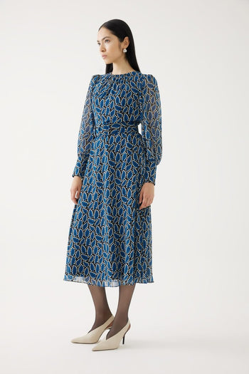 Balon Kollu Yaprak Desenli Elbise