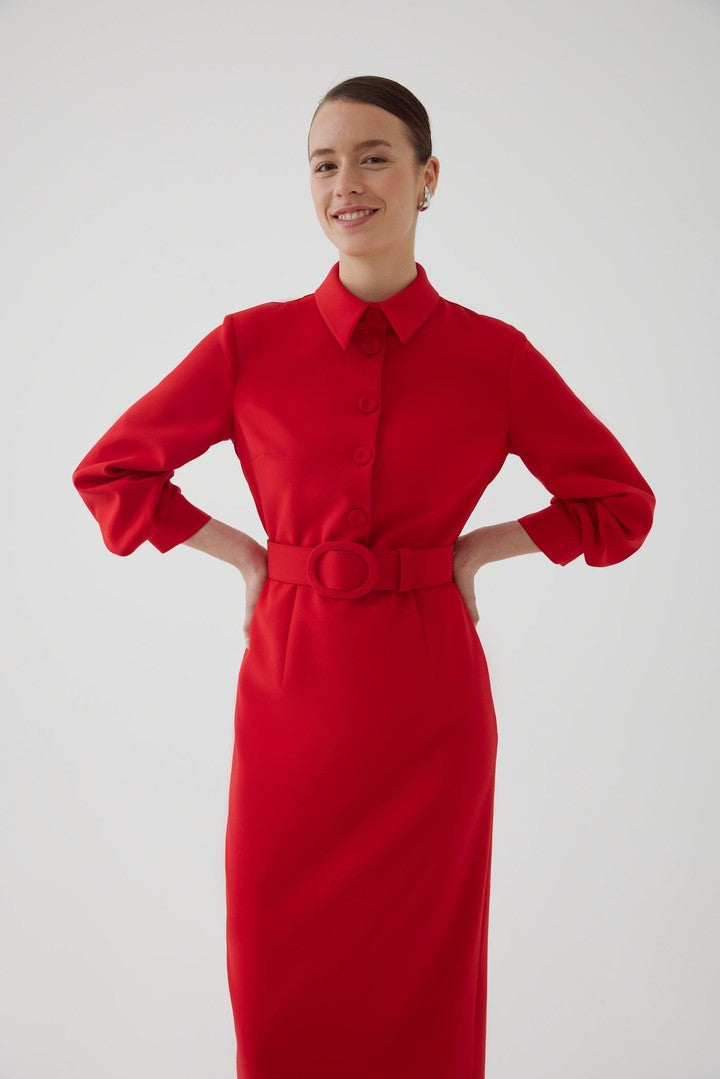 Kemerli Slim Fit Kırmızı Midi Elbise