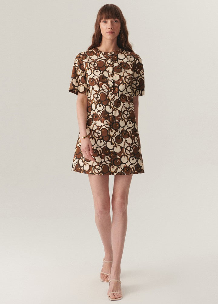 Düğmeli Bisiklet Yakalı Kısa Kol Desenli Mini Çok Renkli Elbise