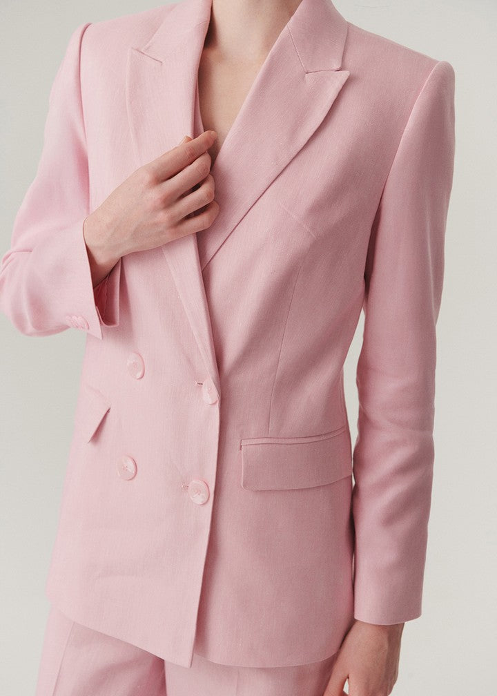 Kruvaze Yaka Keten Regular Pembe Blazer Ceket