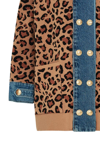 Leopar Desen Denim Garnili Oversize Hırka