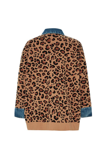 Leopar Desen Denim Garnili Oversize Hırka