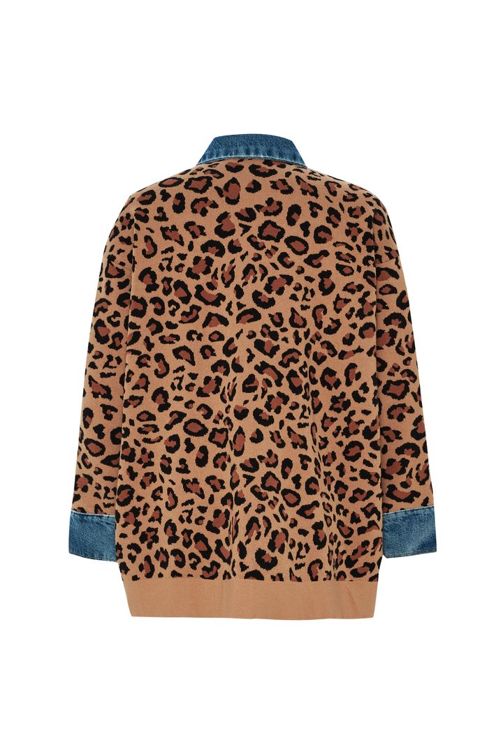 Leopar Desen Denim Garnili Oversize Hırka