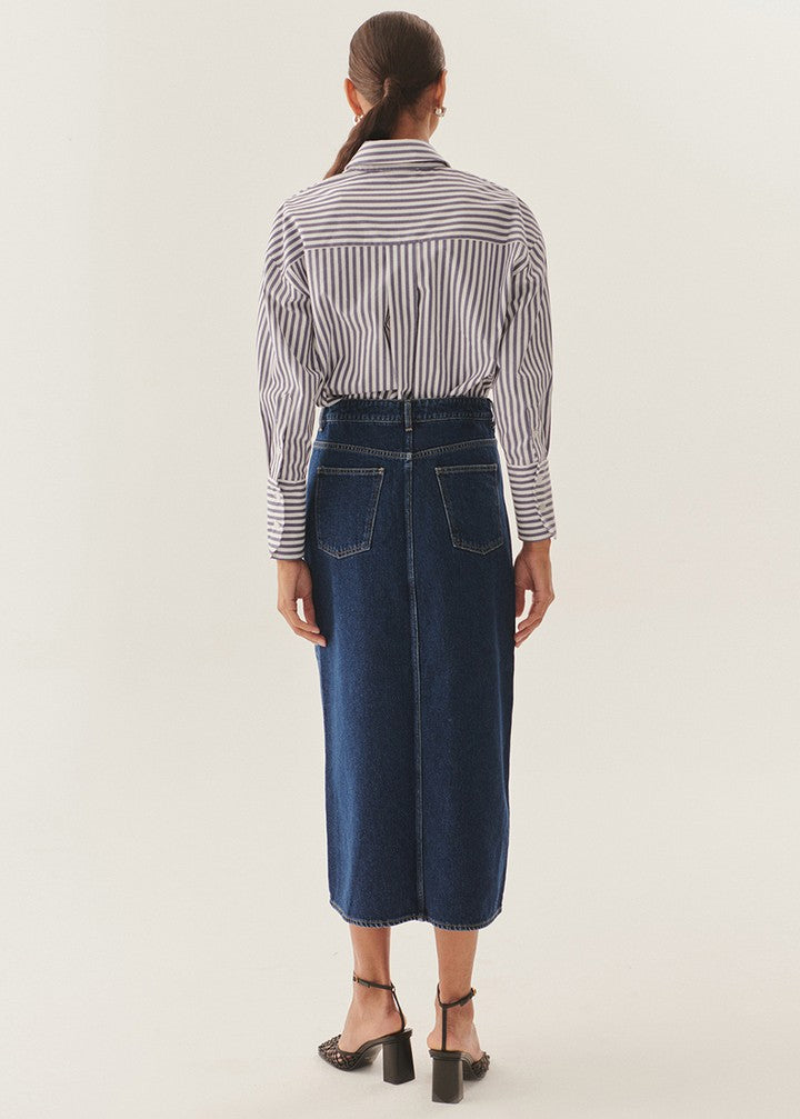 Düğme Ve Yırtmaç Detaylı Pamuklu Midi Boy Denim Etek