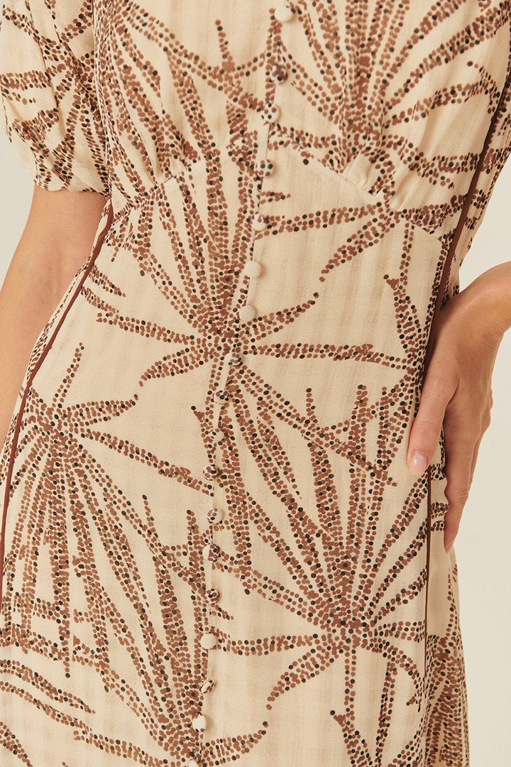 Desenli Balon Kol V Yaka Düğmeli Regular Midi Rayon Şifon Elbise