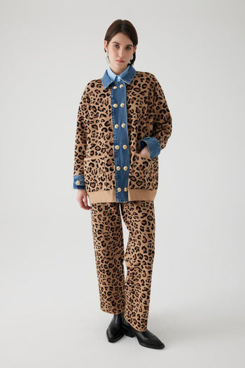Leopar Desen Denim Garnili Oversize Hırka