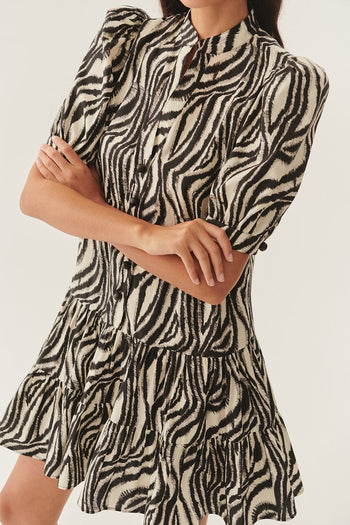 Zebra Desenli Pileli Kısa Kollu Regular Pamuklu Mini Elbise