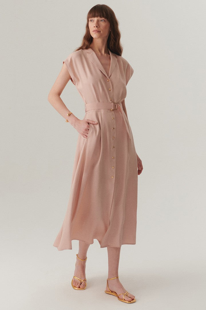 Kolsuz Önden Düğmeli Kemerli Modal Kumaş Midi Pembe Elbise