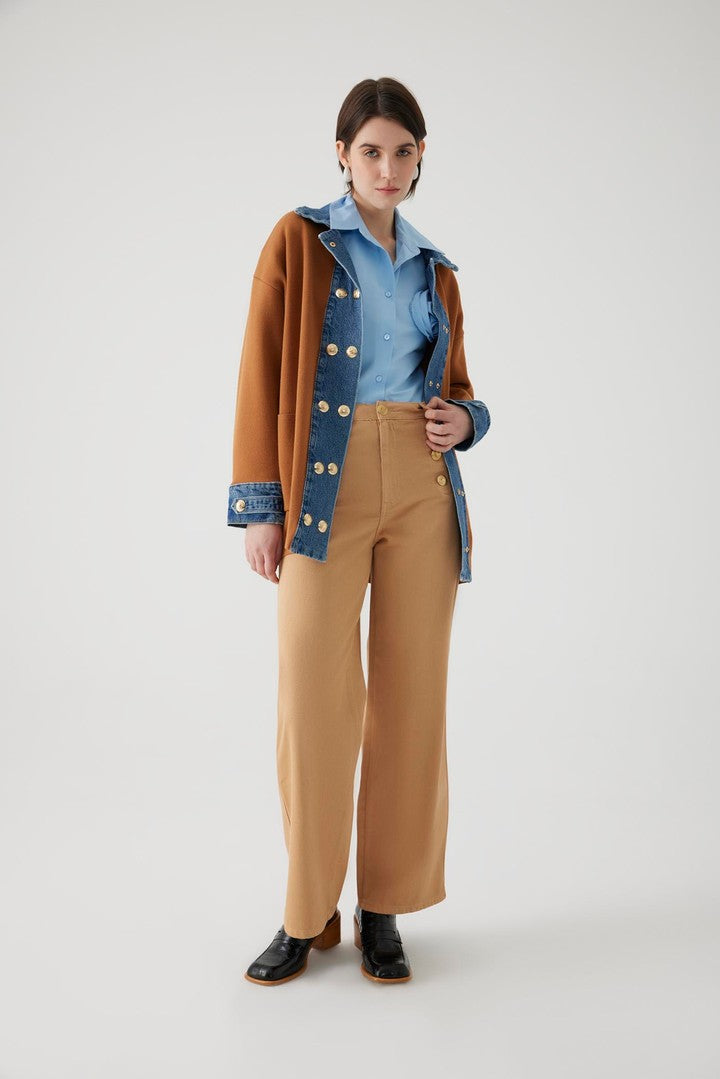 Düğme Detaylı Pamuk Regular Camel Denim