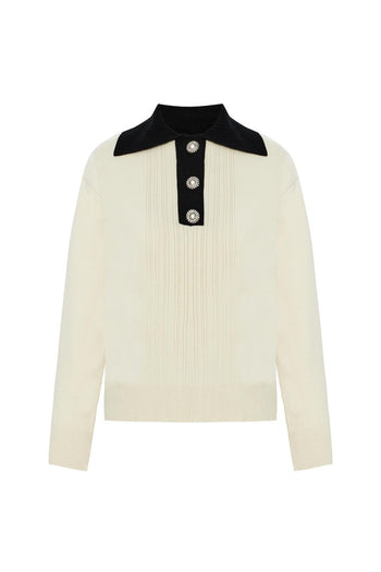 Yakası Düğme Detaylı Ekru Uzun Kollu Triko Kazak