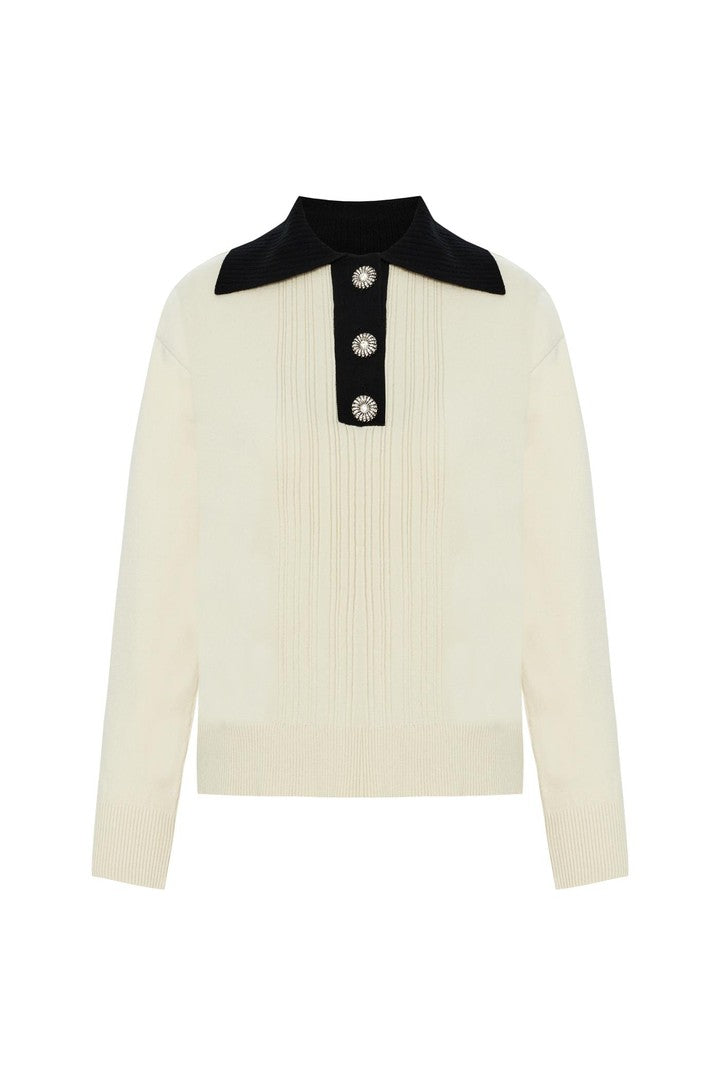 Yakası Düğme Detaylı Ekru Uzun Kollu Triko Kazak