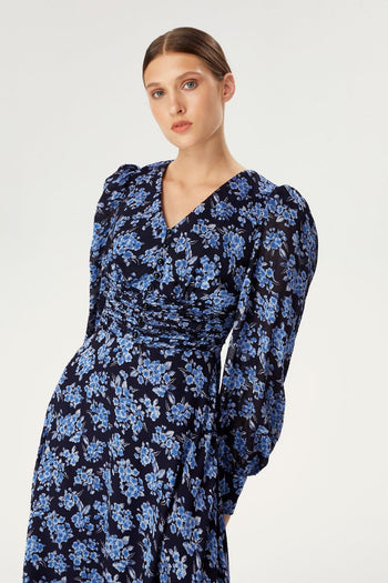 Bel Detaylı Desenli Midi Elbise