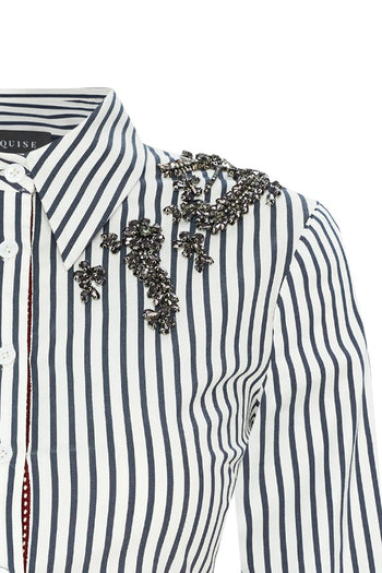 İşleme Detaylı Bele Oturan Slim fit Çizgili Gömlek