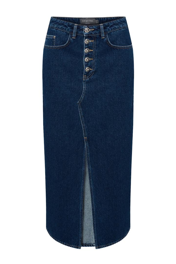Düğme Ve Yırtmaç Detaylı Pamuklu Midi Boy Denim Etek