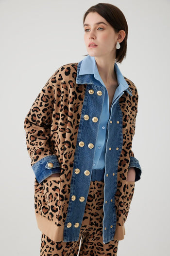 Leopar Desen Denim Garnili Oversize Hırka