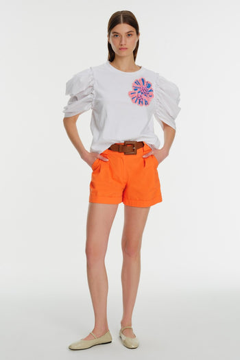 Balon Kol Bisiklet Yaka İşlemeli Pamuk Tişört