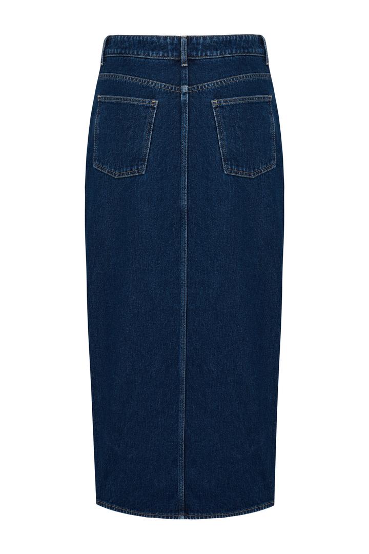 Düğme Ve Yırtmaç Detaylı Pamuklu Midi Boy Denim Etek