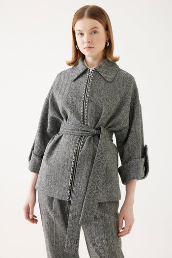 Beli Kuşaklı Fermuarlı Ceket