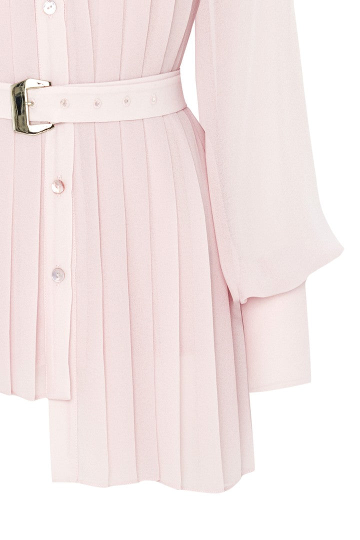 Kemer Detaylı Pliseli Pudra Şifon Gömlek