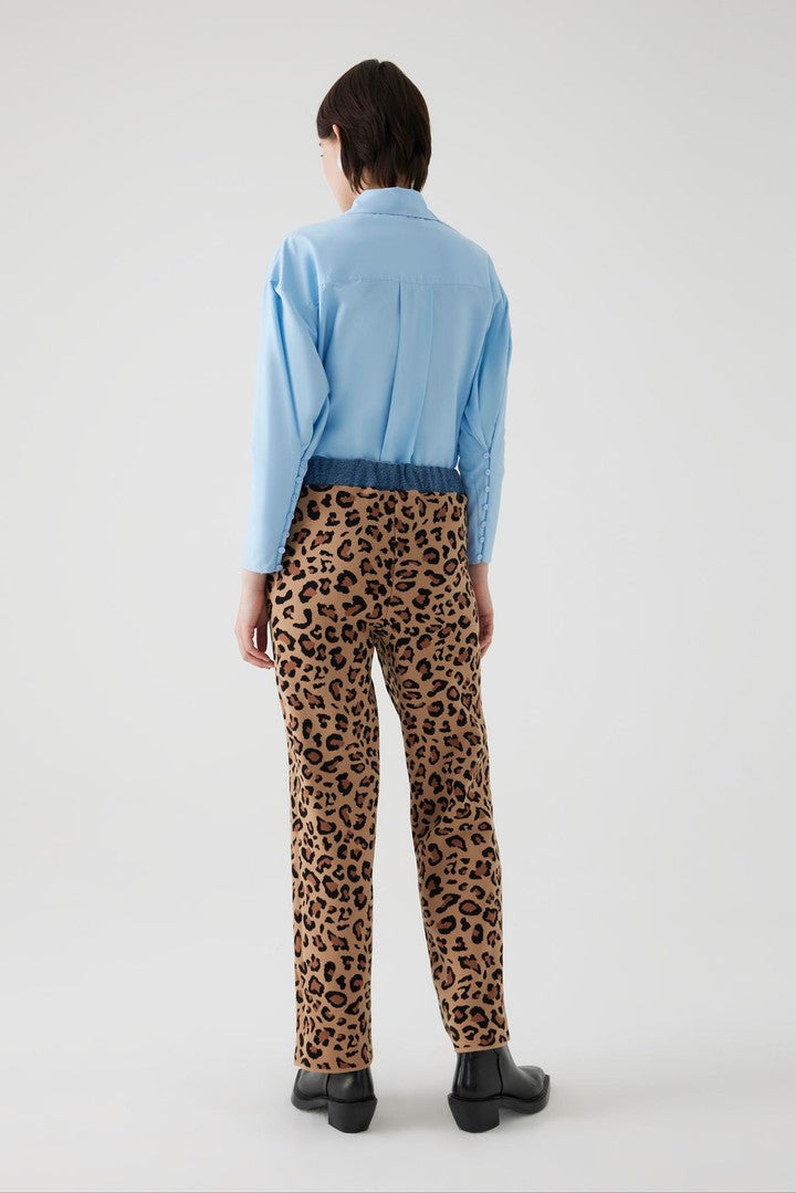 Yüksek Bel Leopar Desenli Beli Lastikli Denim Garnili Regular Triko Pantolon