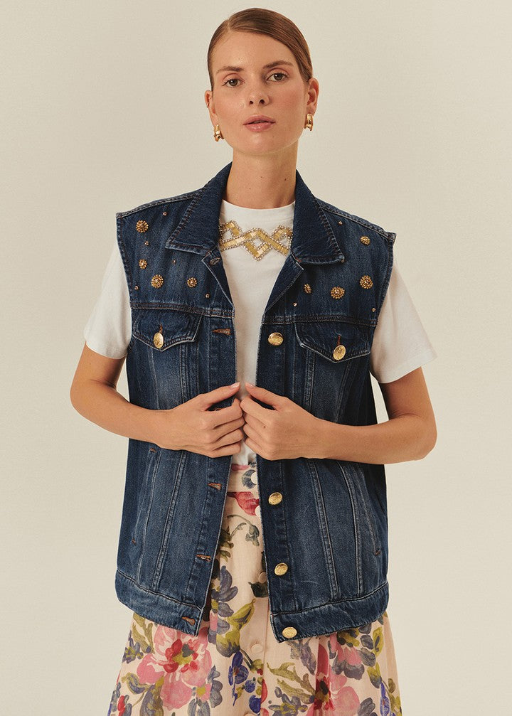 Taş Detaylı Pamuk İndigo Denim Yelek