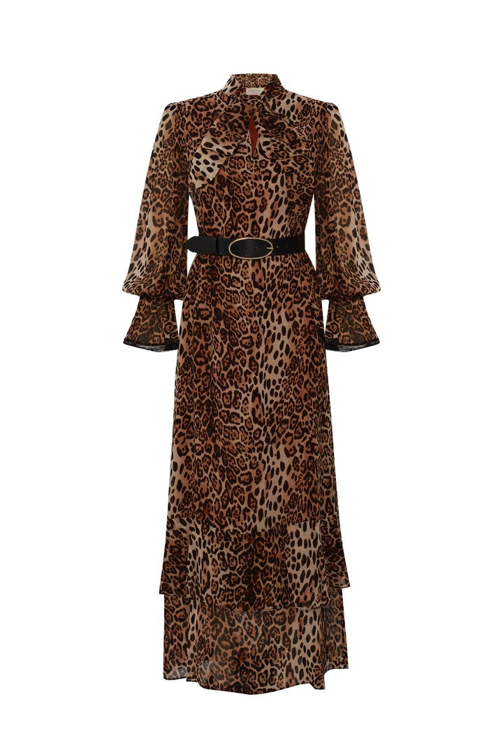 Leopar Desenli Cepli Rahat Kesim Midi Elbise