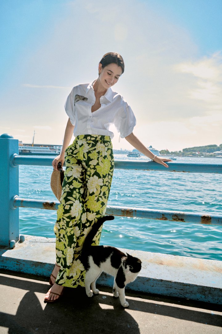 Floral Desenli Yeşil Pantolon