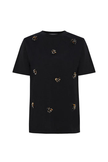 Kısa Kollu Parlak Taş Detaylı Siyah T-shirt