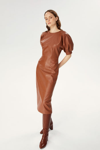 Balon Kol Midi Suni Deri Elbise