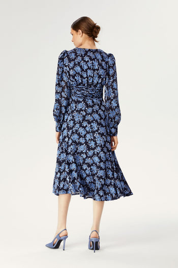 Bel Detaylı Desenli Midi Elbise