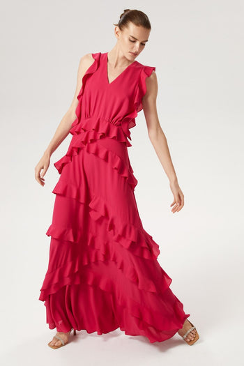 Volanlı V Yaka Elbise