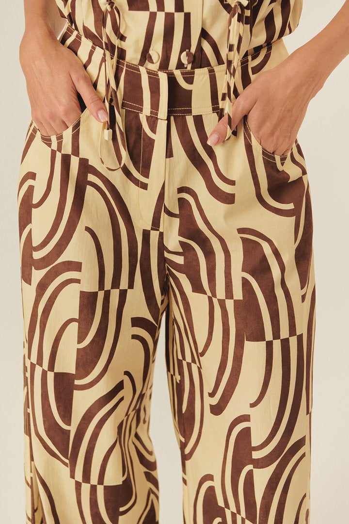 Soyut Desenli Pamuklu Kahve-Kemik Wide Leg Pantolon