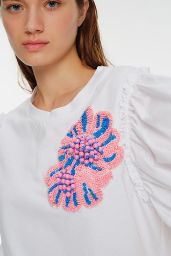 Balon Kol Bisiklet Yaka İşlemeli Pamuk Tişört