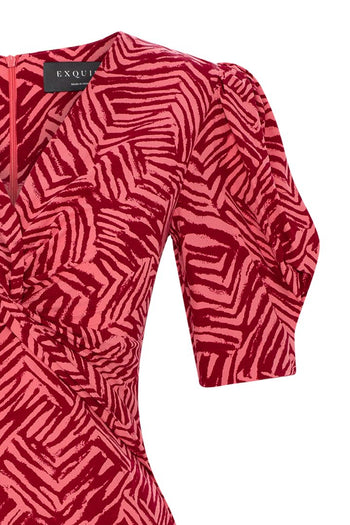 Balon Kol Desenli V Yaka Regular Elbise