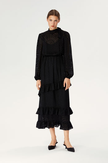 Yakası Fularlı Midi Elbise